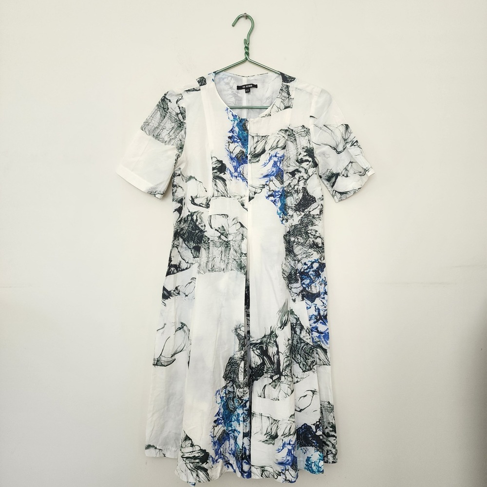 Kai Rieman Women Abstract Art Print Midi Dress White Blue Zip Front Pockets XS